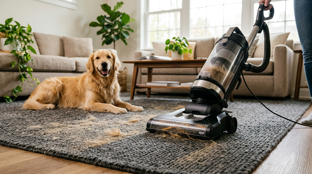 a dog on the carpet and someone vacuming the carpet