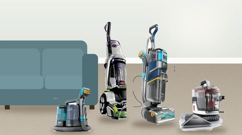 Carpet and upholstery cleaners on a living room carpet next to a sofa