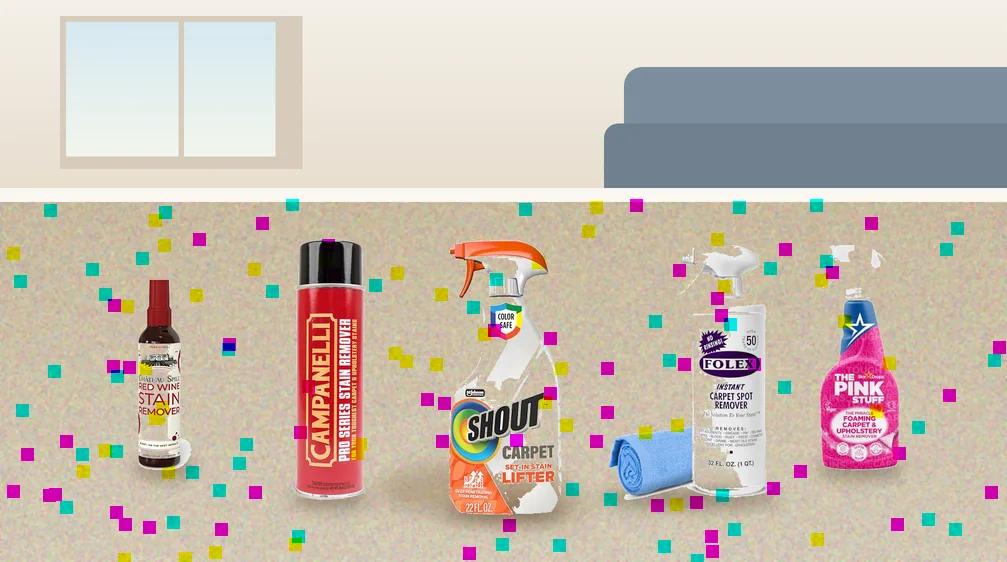 Five carpet stain remover sprays standing on a beige carpet with an old stain