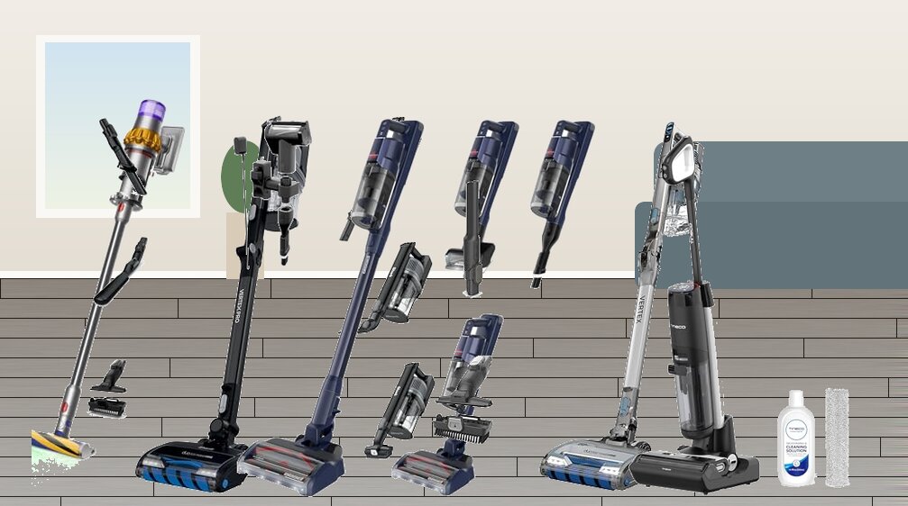 Five cordless stick and wet-dry vacuums standing on grey oak luxury vinyl plank flooring in a living room