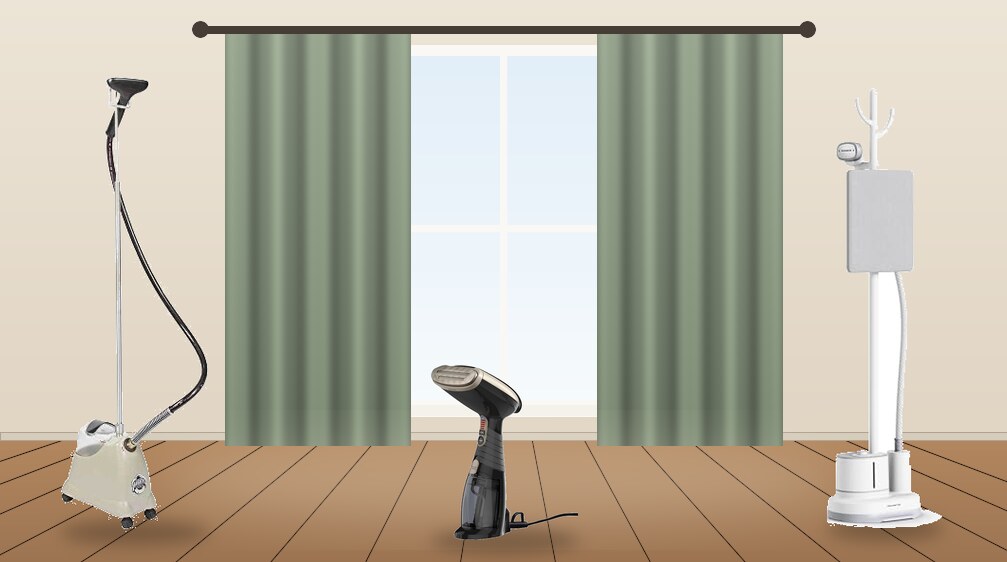 Upright and handheld garment steamers in front of green curtains
