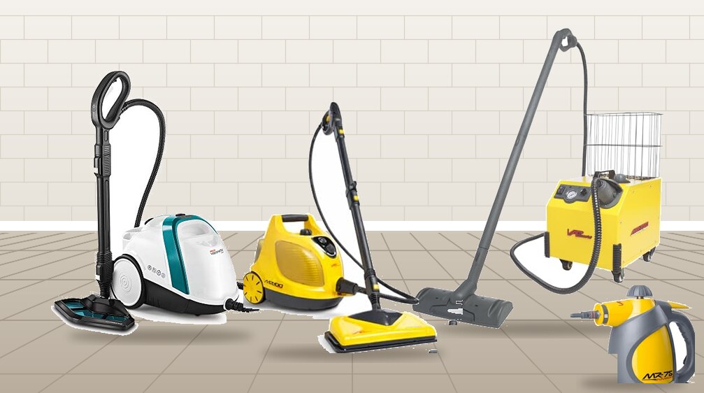 Five dry steam cleaners, including Vapamore, Polti and handheld models, on a tiled floor