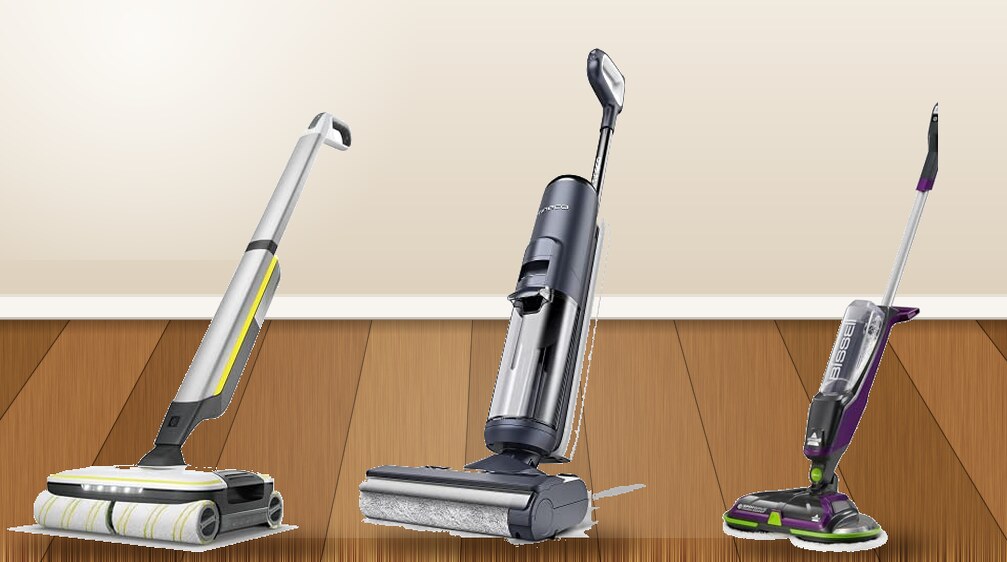 Kärcher FC 7 Cordless, Tineco Floor ONE S5 and BISSELL SpinWave Cordless electric mops on a hardwood floor