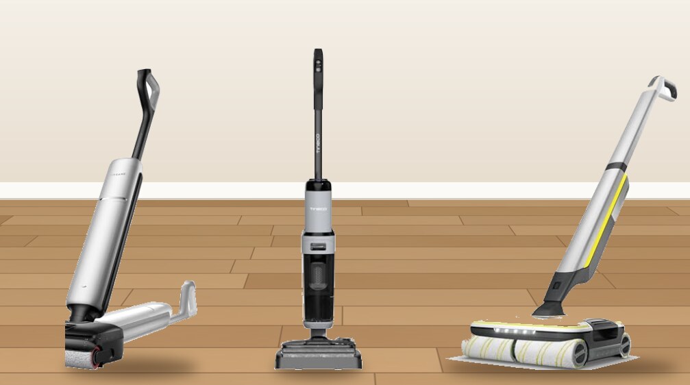 Tineco Floor ONE i5 Stretch, Dreame Aero Pro and Karcher FC 7 cordless electric mops on a laminate floor