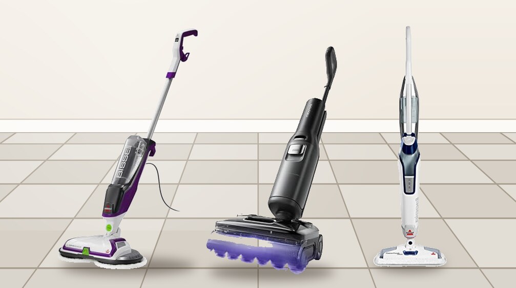 Best electric mops for tile floors: BISSELL SpinWave Pet, roborock F25 Ultra Steam and BISSELL PowerFresh Deluxe on a tiled floor