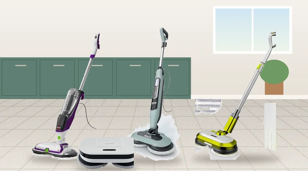 Electric spin mops from BISSELL, Shark and VMAI with an Everybot robot mop on a kitchen tile floor