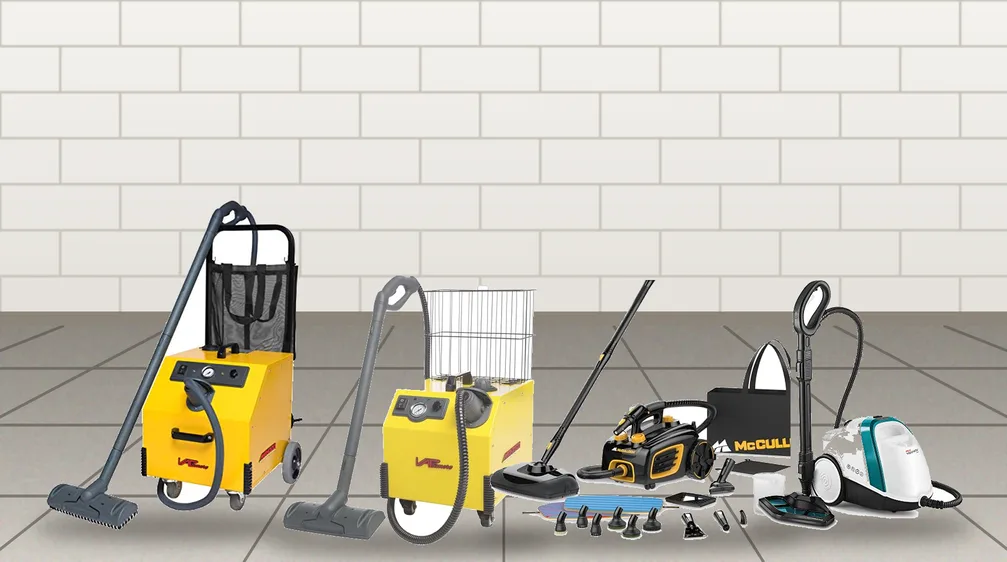 Heavy duty canister steam cleaners on a tiled floor