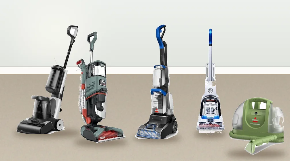 Five lightweight carpet cleaners on a beige carpet