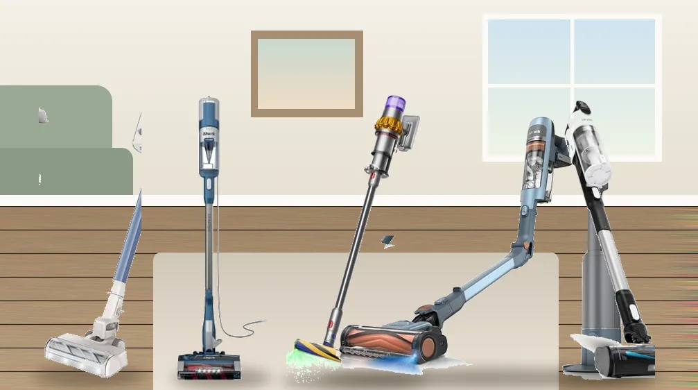 Lightweight cordless and corded vacuum cleaners on a wood floor and rug in a bright living room