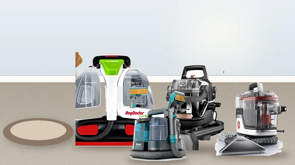 Portable carpet cleaners for pets on a living room carpet next to a pet bed