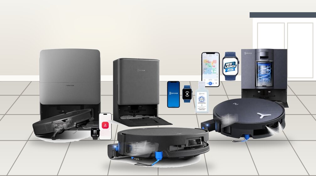 Robot vacuum and mop combos on a tiled kitchen floor