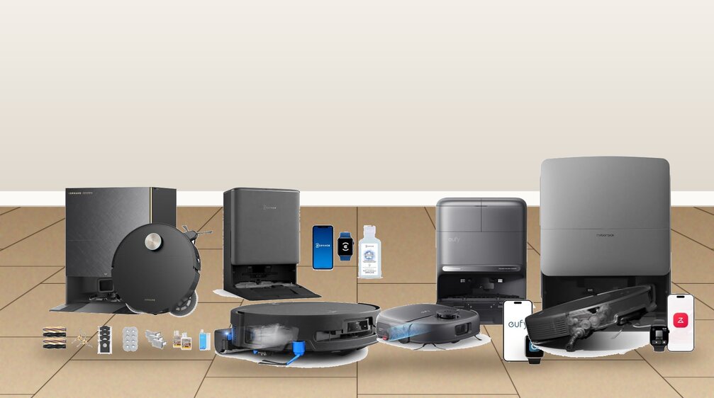 Robot vacuum and mop combos with docks on a vinyl plank floor