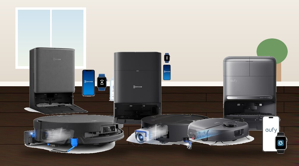 Robot vacuums with self-cleaning roller mops on a dark wood floor