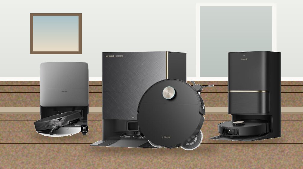 Climbing robot vacuums with docks on a wood floor near a raised doorway threshold