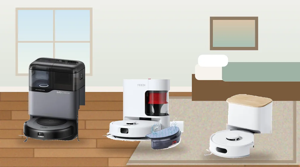 Compact robot vacuums and docks in a studio apartment with a bed and area rug