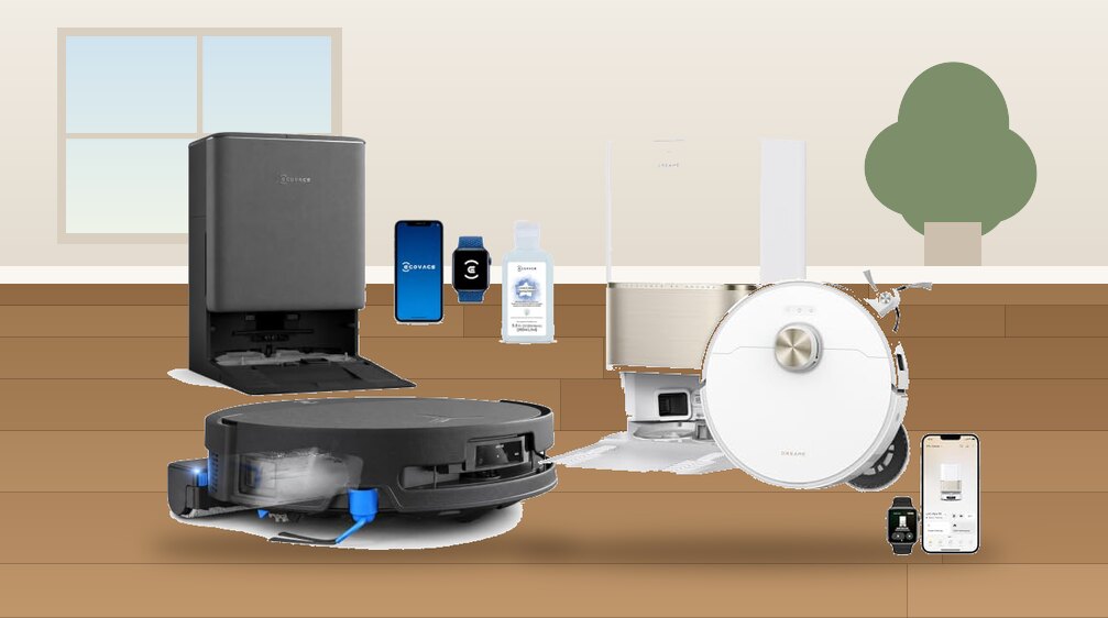 Robot vacuums on a hardwood floor