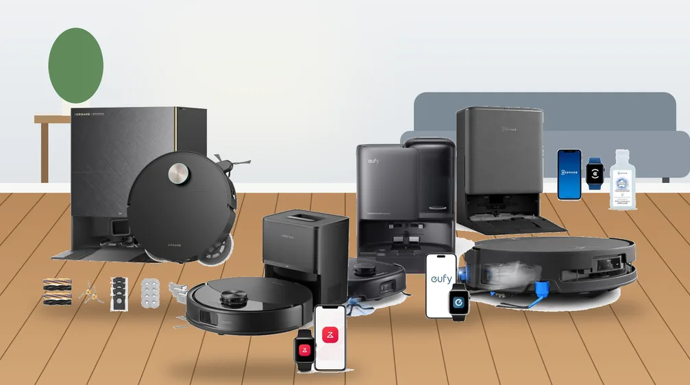 Robot vacuums with LiDAR on a hardwood living room floor