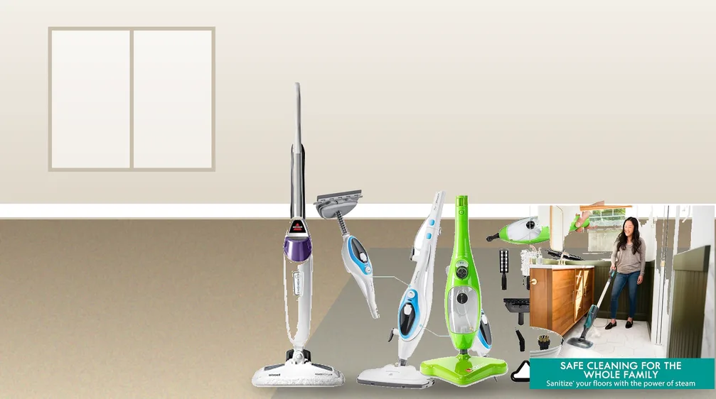 Compact steam mops with carpet gliders in a carpeted living room