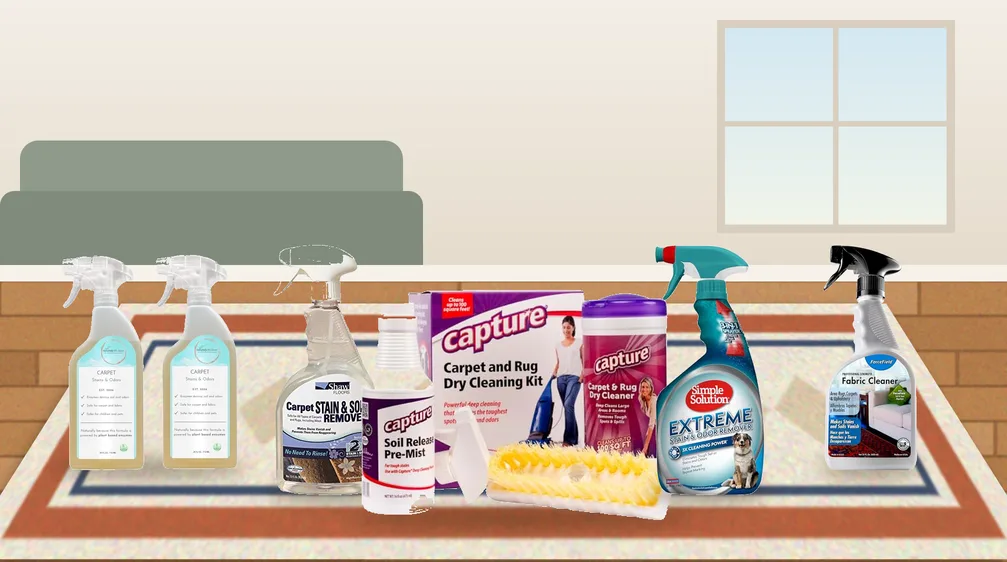 Five wool-safe carpet stain removers on a cream wool rug