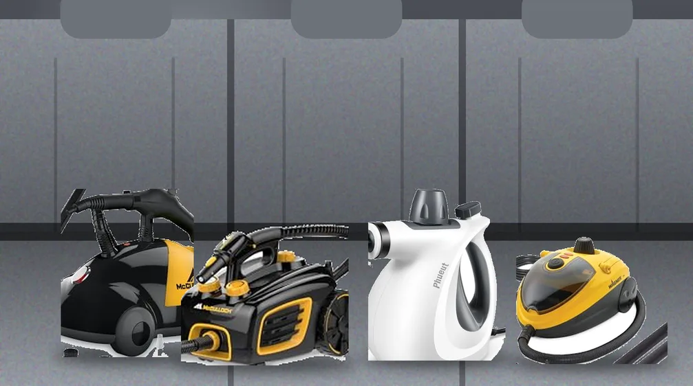 Portable steam cleaners on a grey fabric car back seat