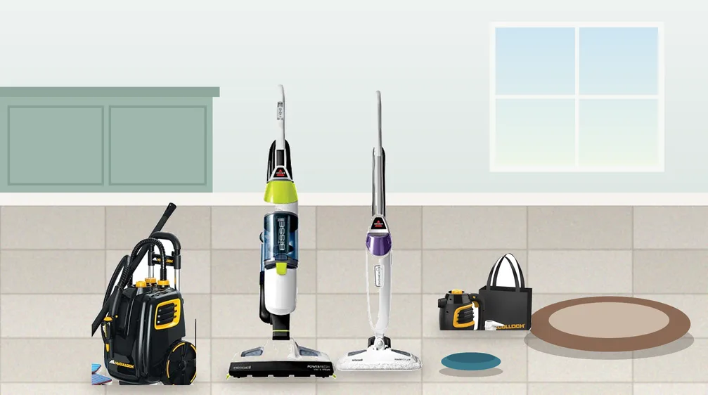 Steam cleaners and a steam mop on a tile kitchen floor next to a dog bed and food bowl