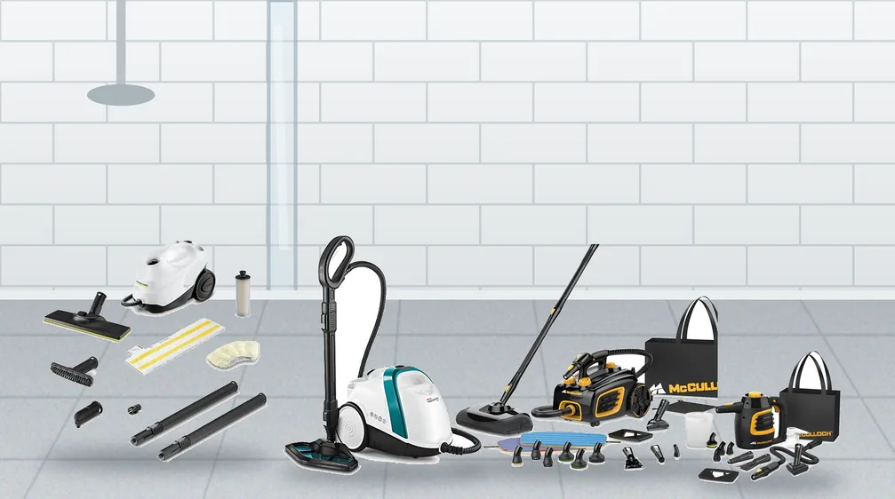 Steam cleaners for shower cleaning on a bathroom tile floor