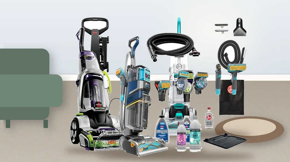 Four upright carpet cleaners for pets on living room carpet next to a dog bed