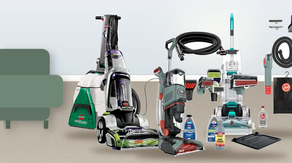 Four upright carpet cleaners on a living room carpet