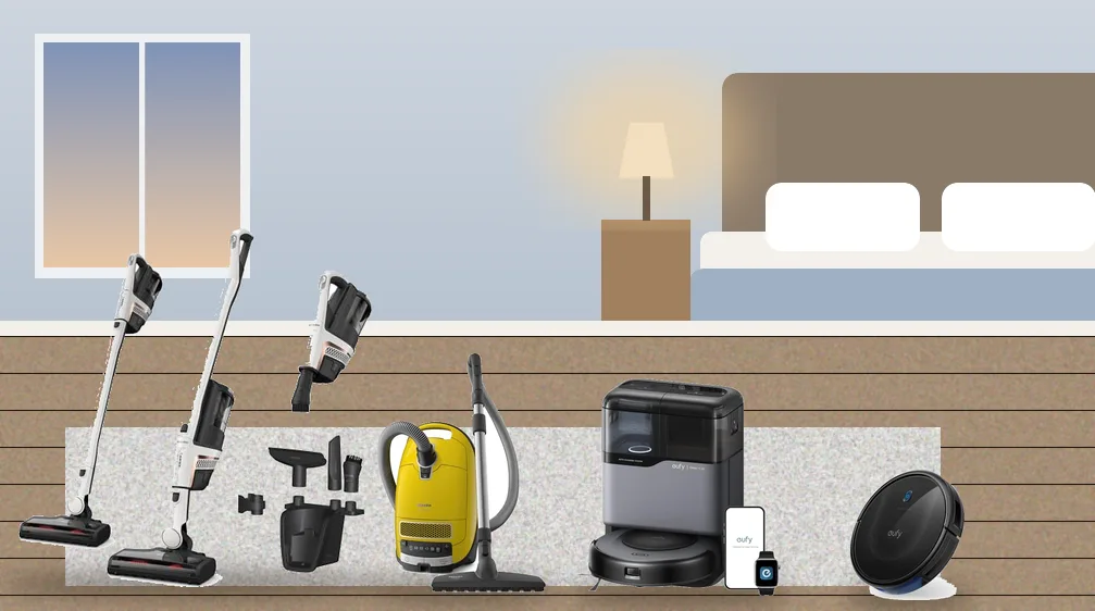 Quiet canister, cordless and robot vacuums on the floor of a calm bedroom