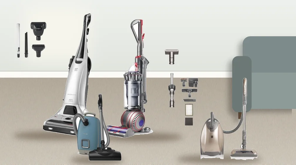 Kenmore and Dyson upright vacuums with Miele and Kenmore canister vacuums on thick plush carpet in a living room