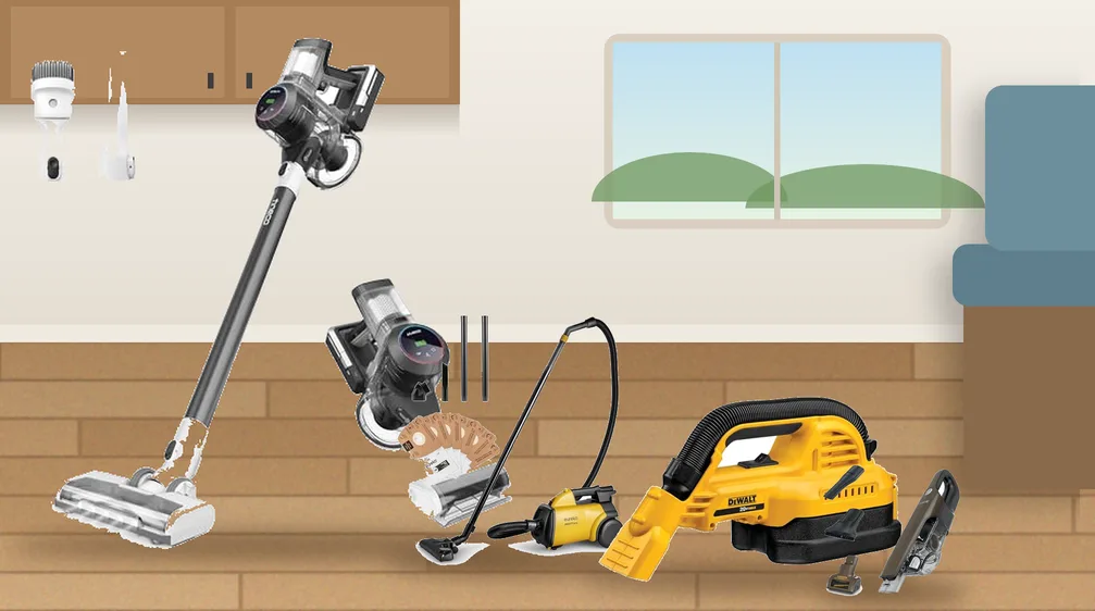 Cordless stick vacuum, canister vacuum, wet-dry hand vacuum and handheld vacuum on an RV vinyl plank floor