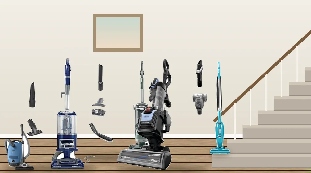 Corded upright, canister and stick vacuums at the foot of a carpeted staircase