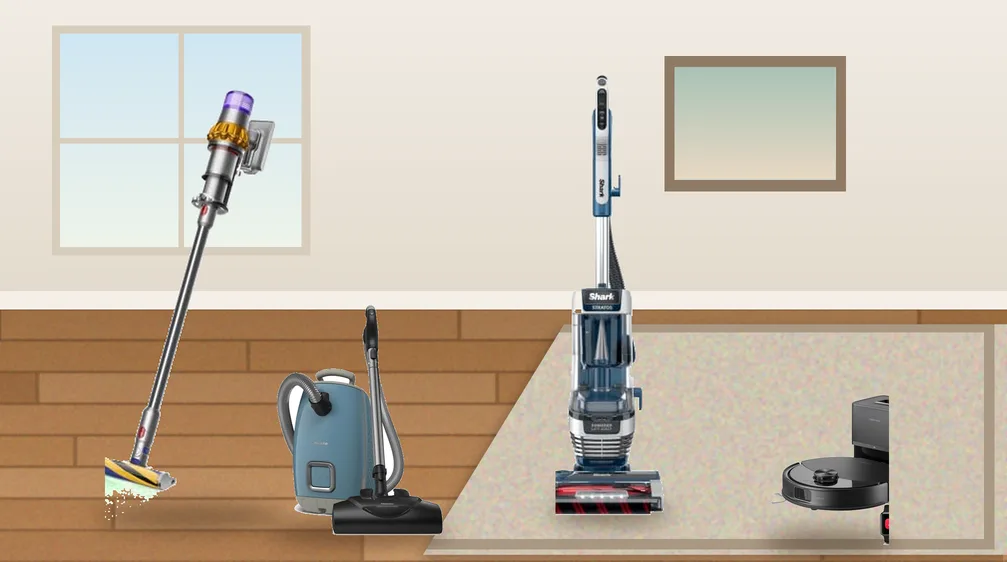Cordless, canister, upright and robot vacuums on a hardwood floor and area rug