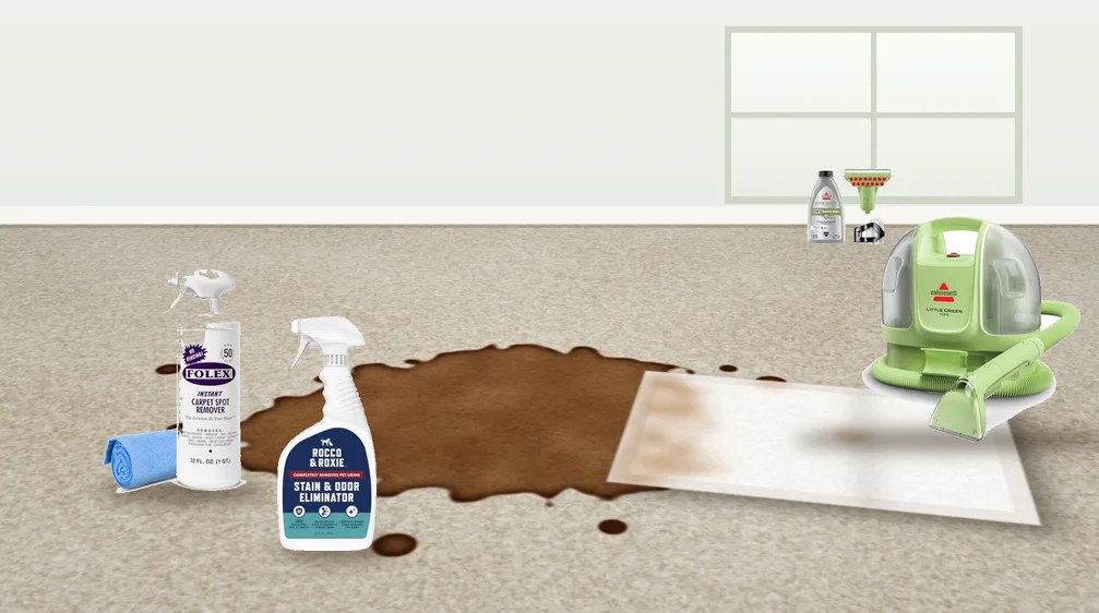 Coffee stain on beige carpet with a white towel, carpet stain removers and a portable spot cleaner
