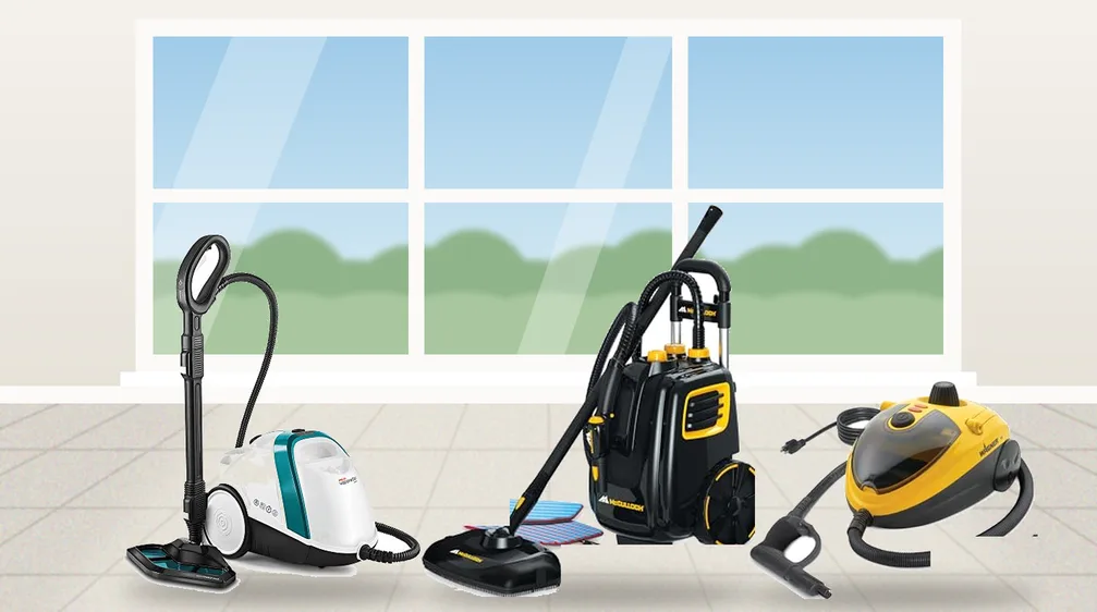 Polti, McCulloch and Wagner steam cleaners in front of a large window