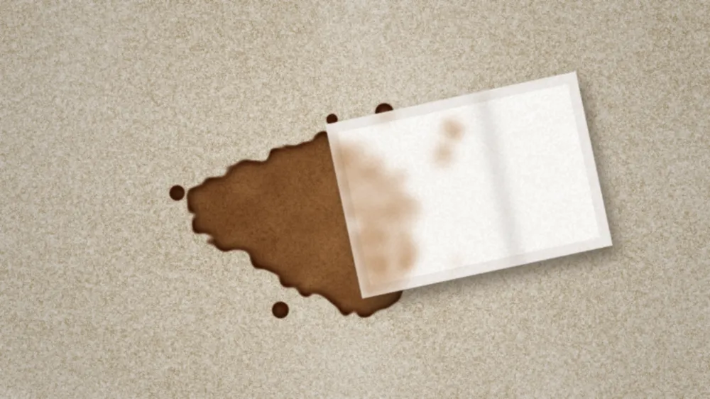 White towel blotting a fresh coffee stain on beige carpet