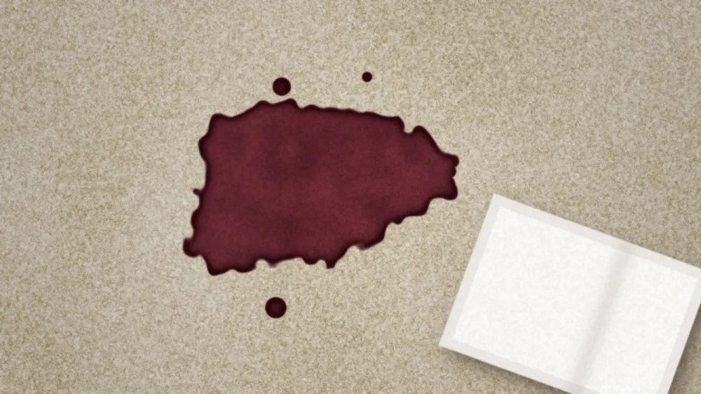 Dried red wine stain on beige carpet next to a clean white cloth