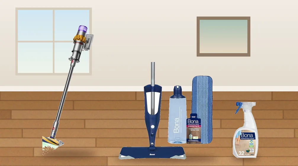 Cordless vacuum, hardwood spray mop and wood floor cleaner on a hardwood floor