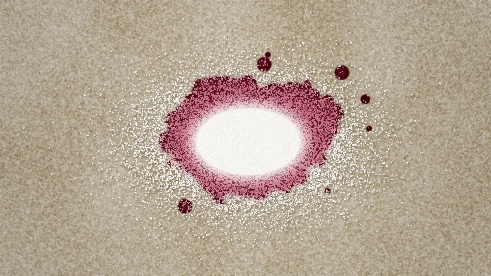 Salt piled on a fresh red wine stain on carpet, turning pink as it absorbs the wine
